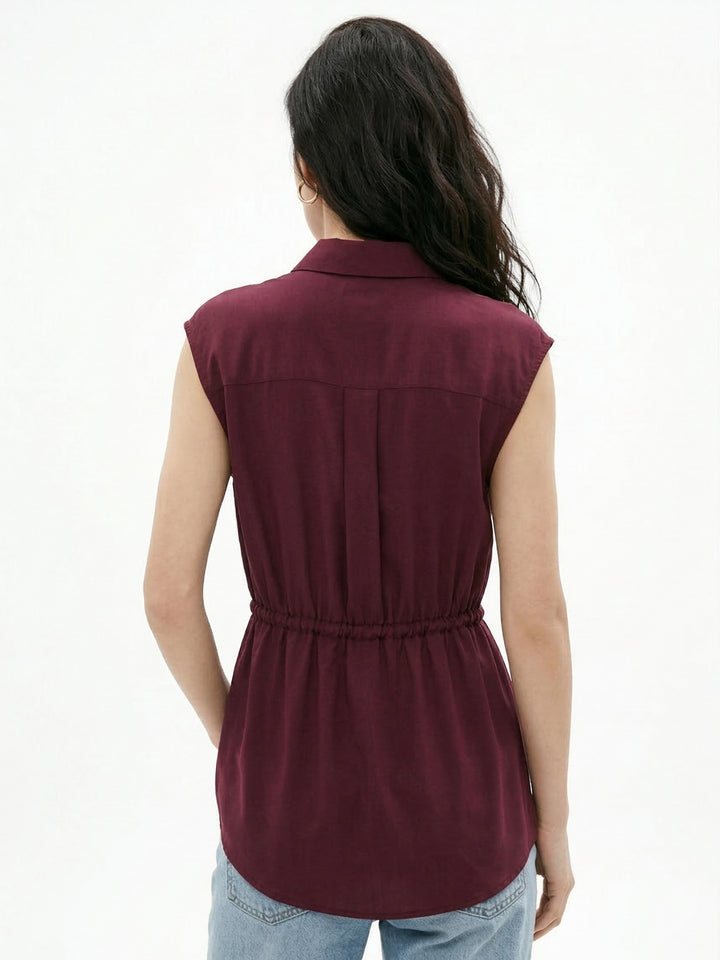 Wine Waist Detail Collared Top