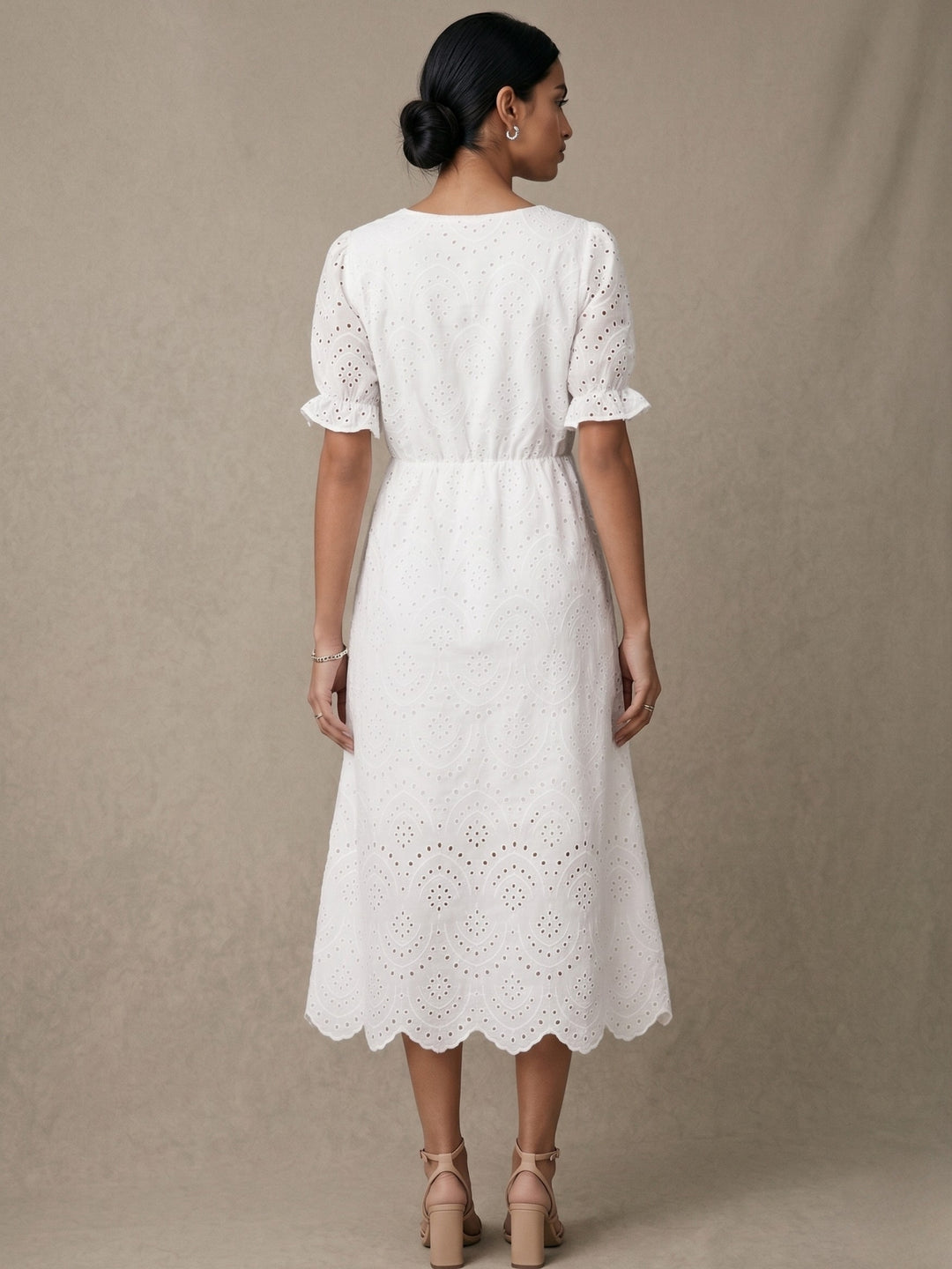 White Round Neck Schiffli Dress