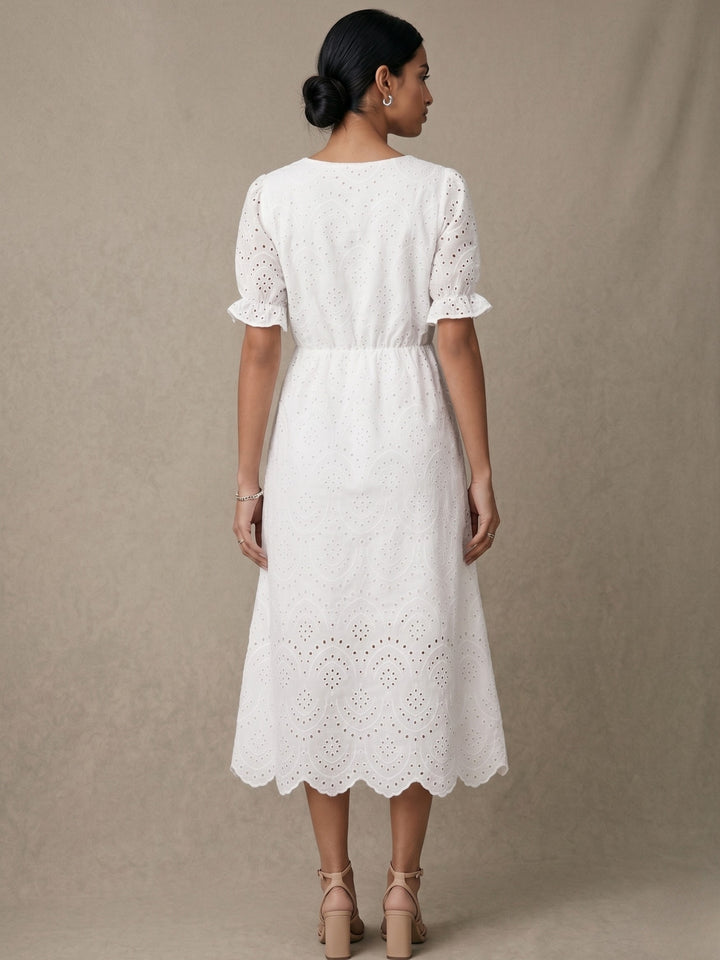 White Round Neck Schiffli Dress