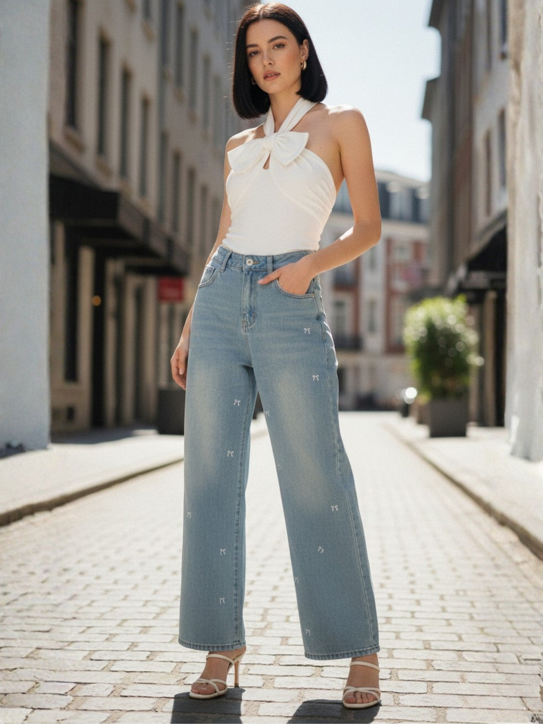 Light Blue Bow Embroidered Wide Leg Pant