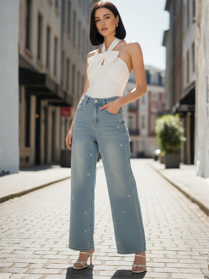 Light Blue Bow Embroidered Wide Leg Pant