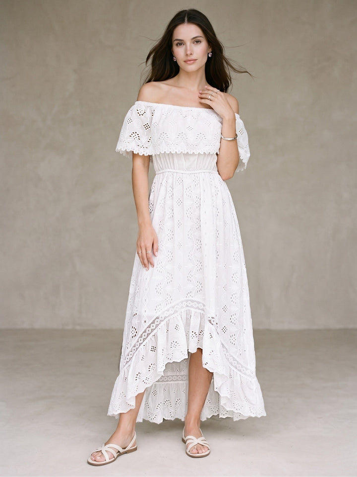 White Off Shoulder Schiffli Dress