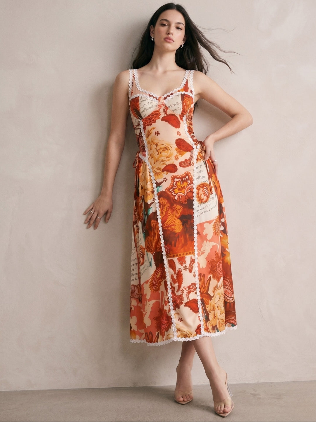 Brown Shoulder Strap Printed Dress