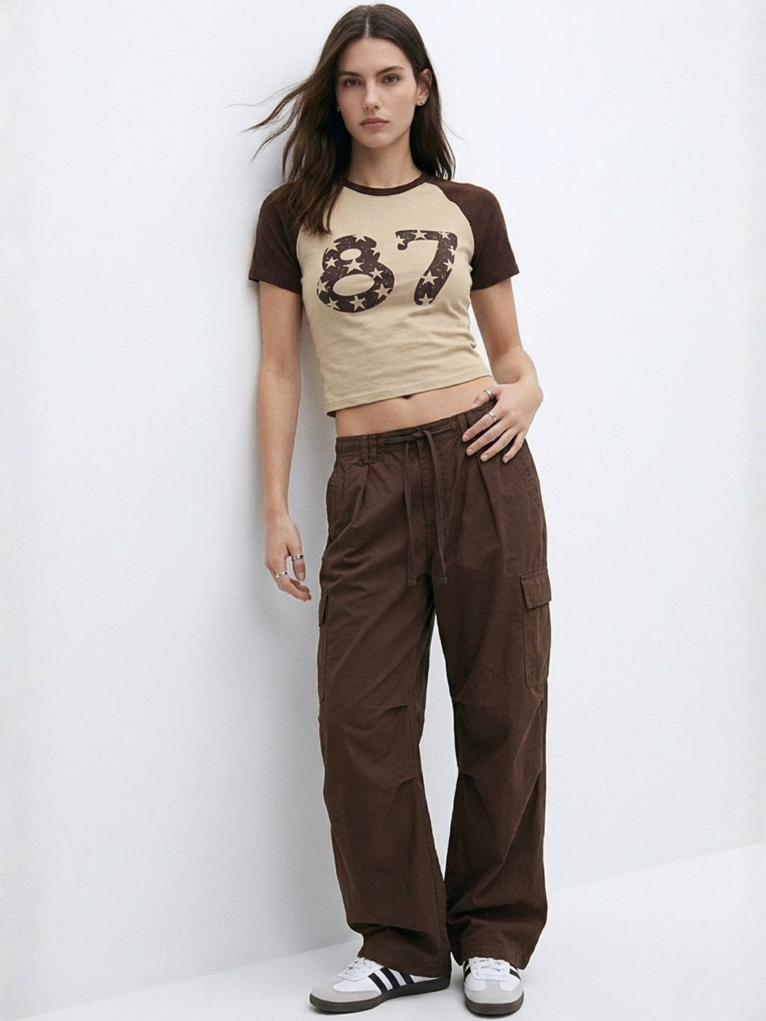 Brown Contrast Raglan Sleeved Graphic T-Shirt