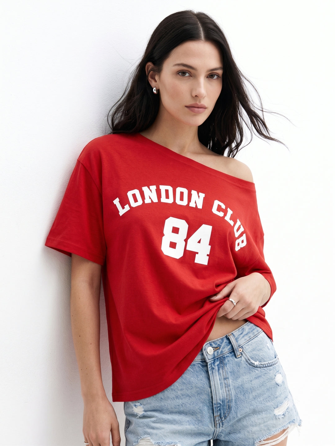 Red Off-Shoulder Varsity Graphic T-Shirt
