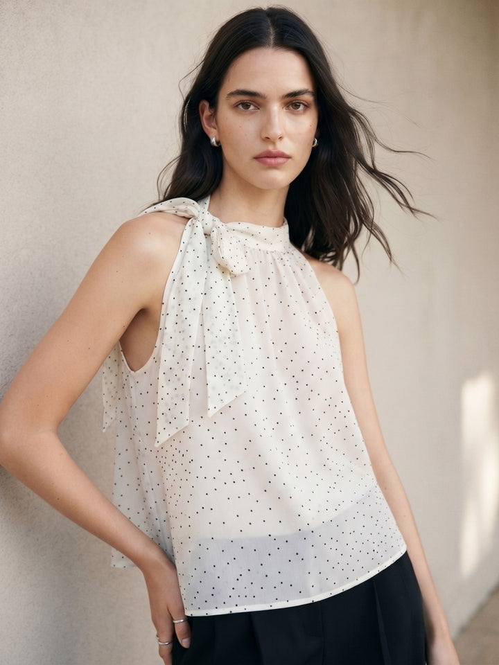 Cream Neck Tie-Up Polka Printed Top