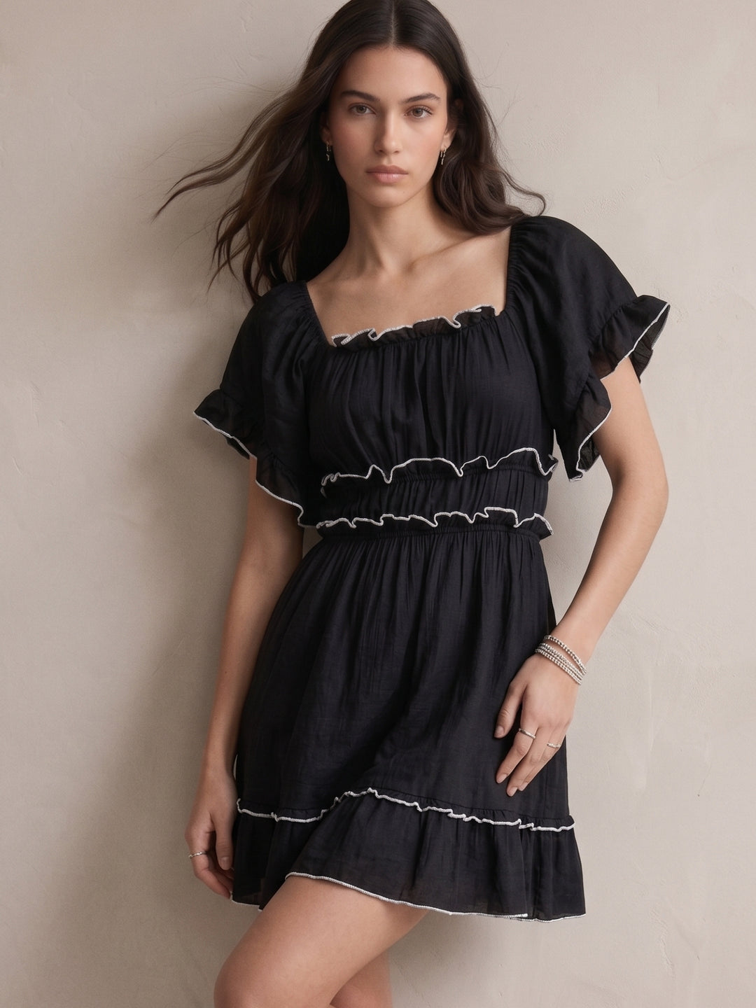 Black Short Sleeve Tiered Dress