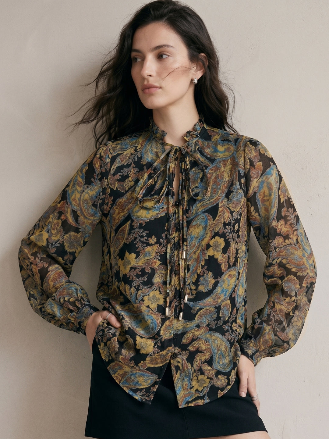 Green Printed Full Sleeves Top With Button Details