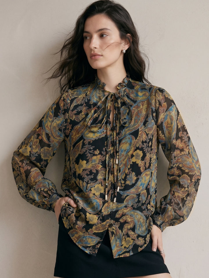 Green Printed Full Sleeves Top With Button Details