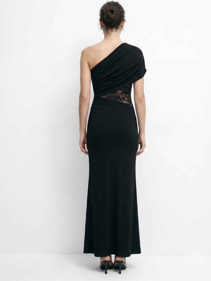 Black One Shoulder Lace Detail Dress