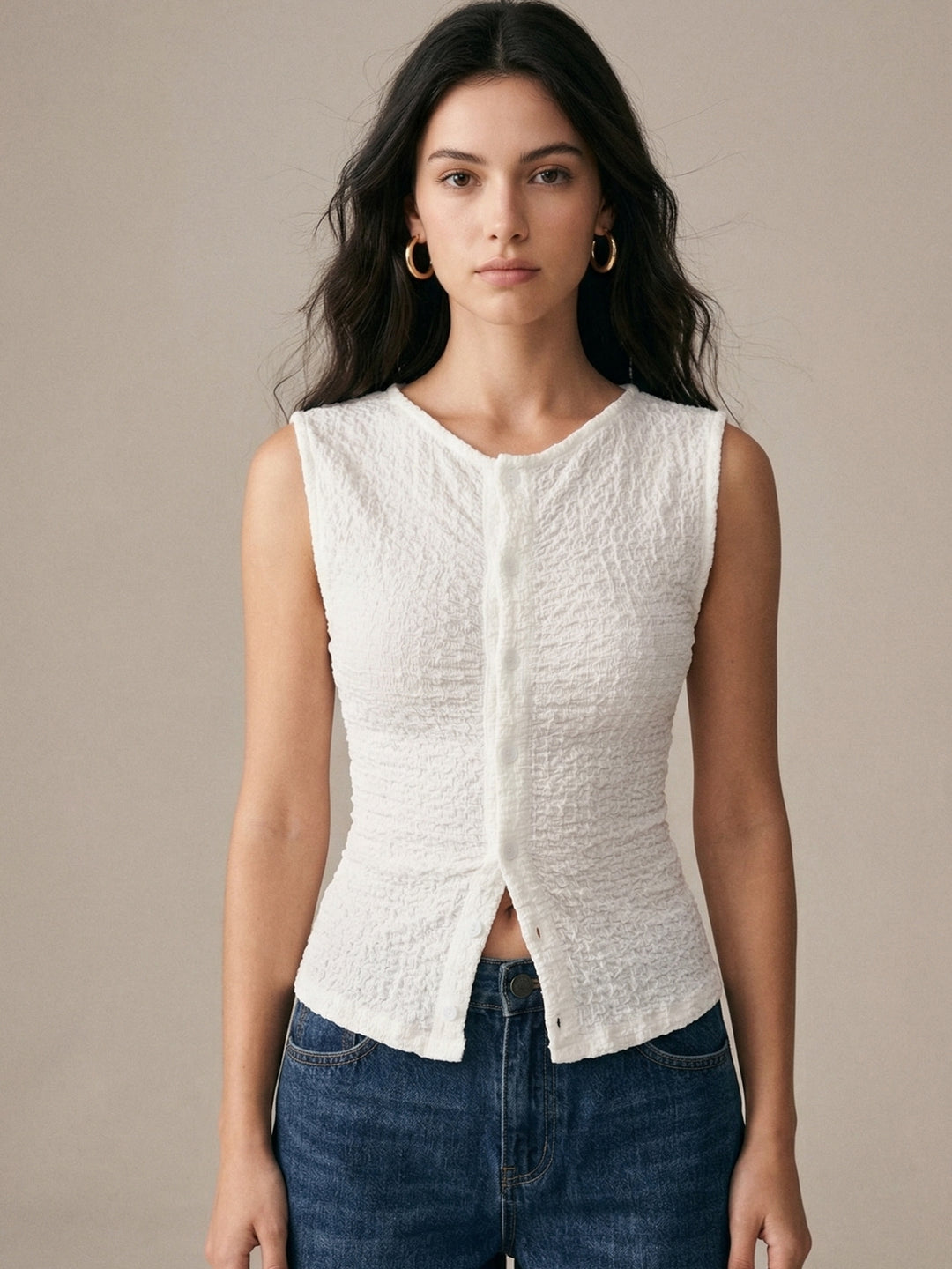 White Sleeveless Front Buttoned Top