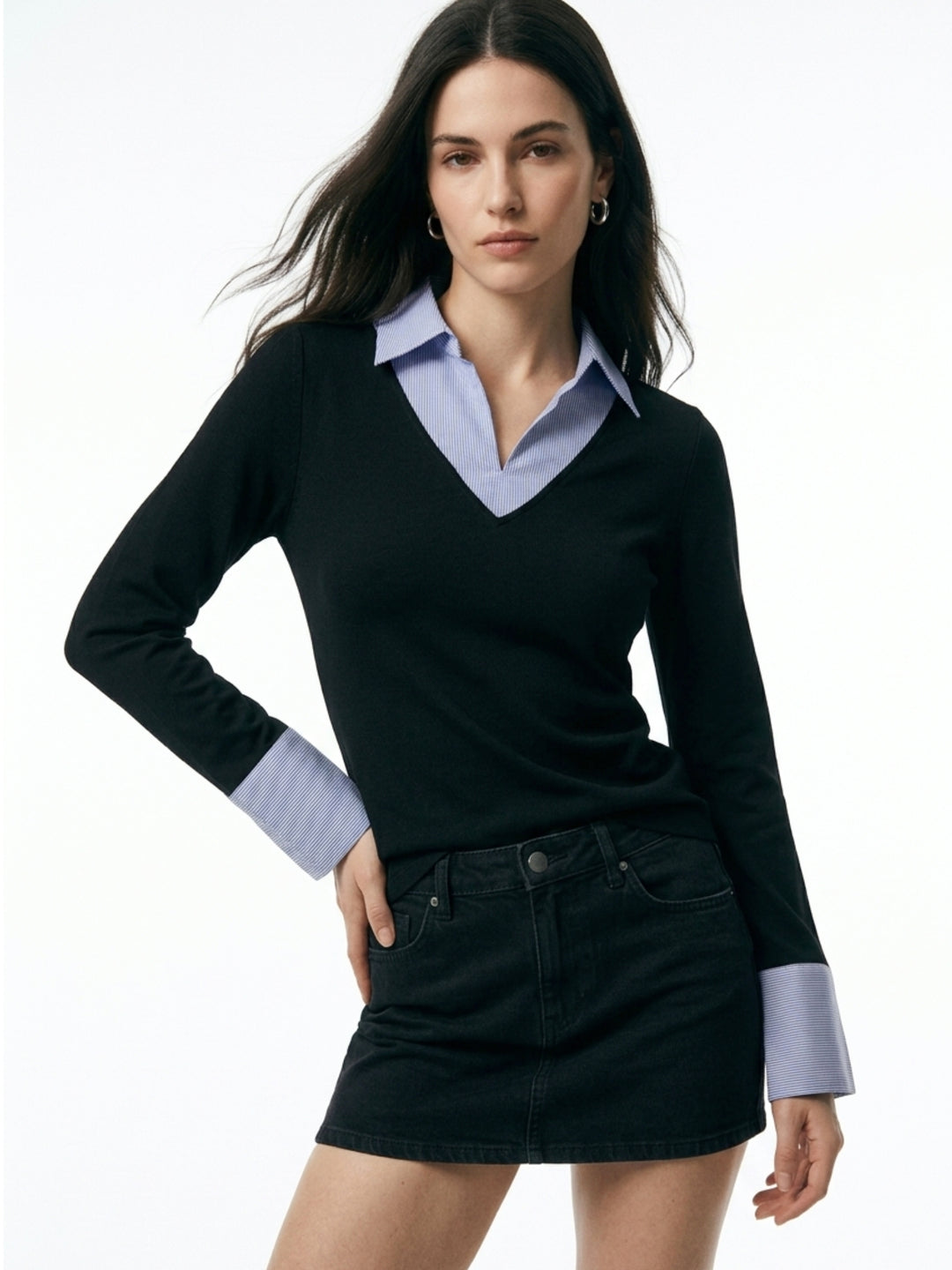 Black Full Sleeve Contrast Collar Fitted Top