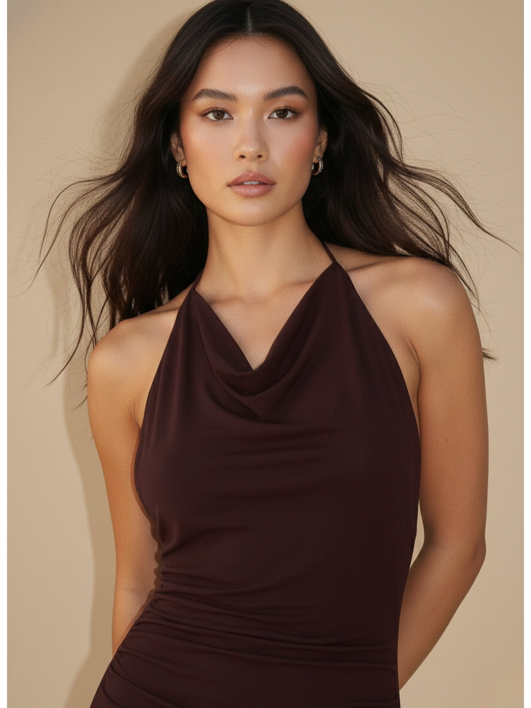 Brown Halter Neck Asymmetrical Hem Dress