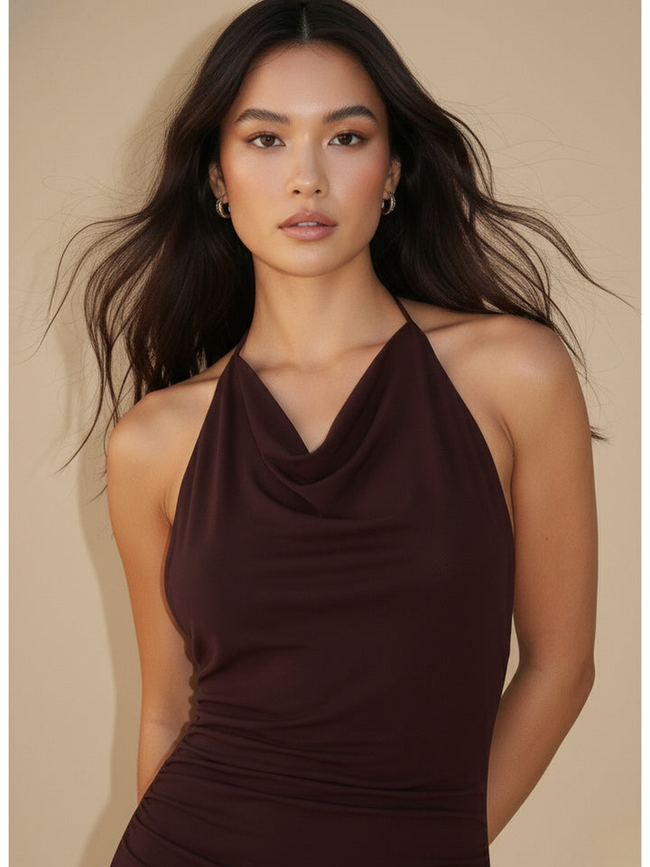 Brown Halter Neck Asymmetrical Hem Dress