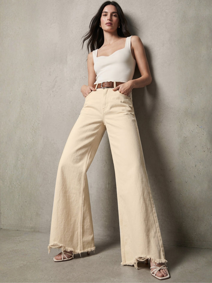 White Bottom Frayed Wide Leg Jeans
