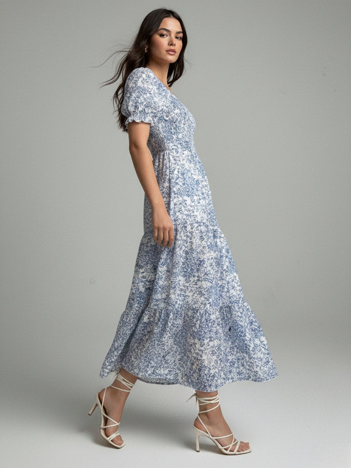 Blue Printed Round Neck Dress