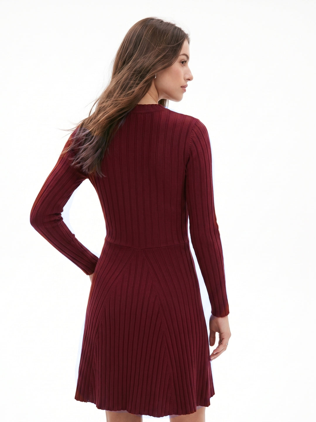 Burgundy High Neck Wide Spaced Rib Dress