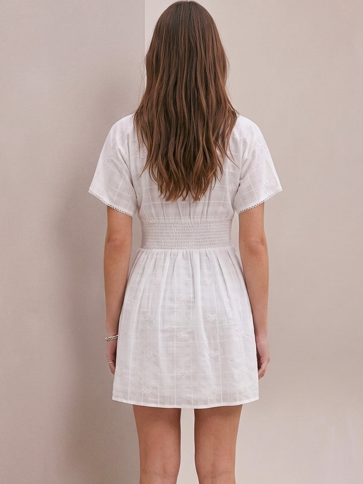 White Fit And Flare Mini All Over Embrodiery Mini Dress