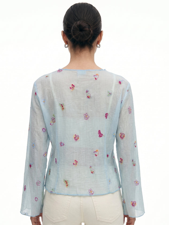 Blue Full Sleeve Front Buttoned Printed Top