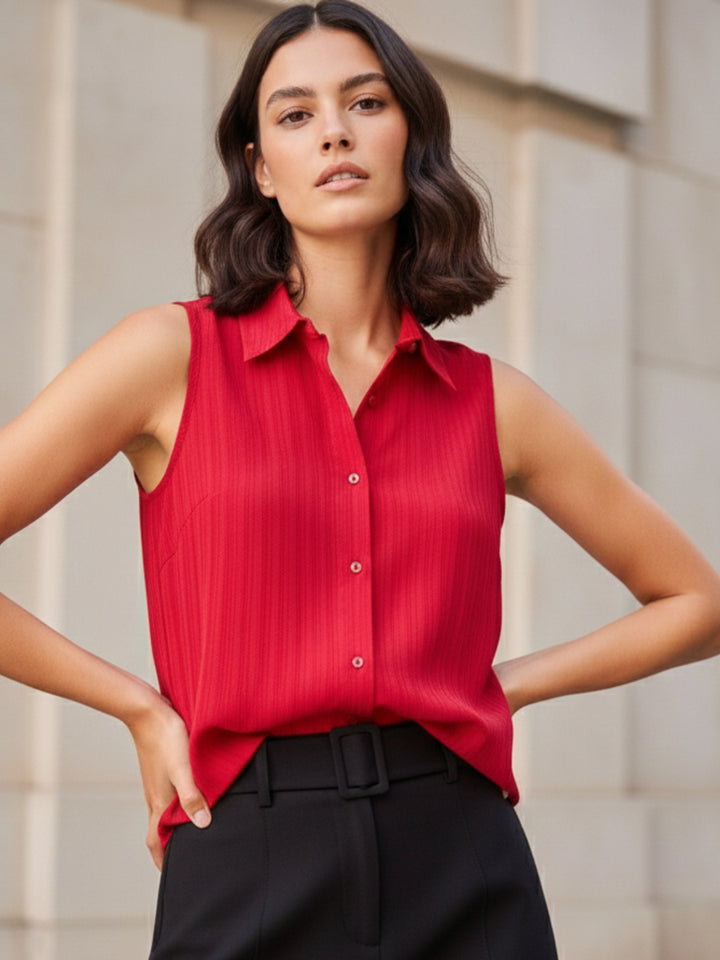Red Sleeveless Front Buttoned Shirt