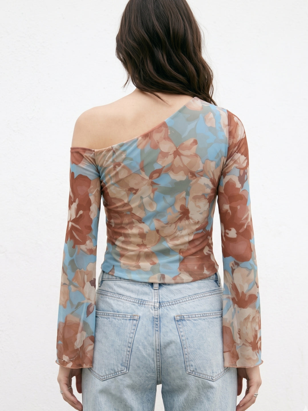 Blue Off-Shoulder Asymmetric Hem Printed Mesh Top