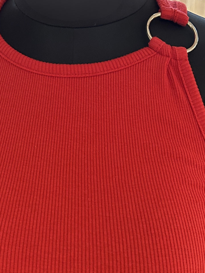 Red High Neck Tank With Gold Ring Trim