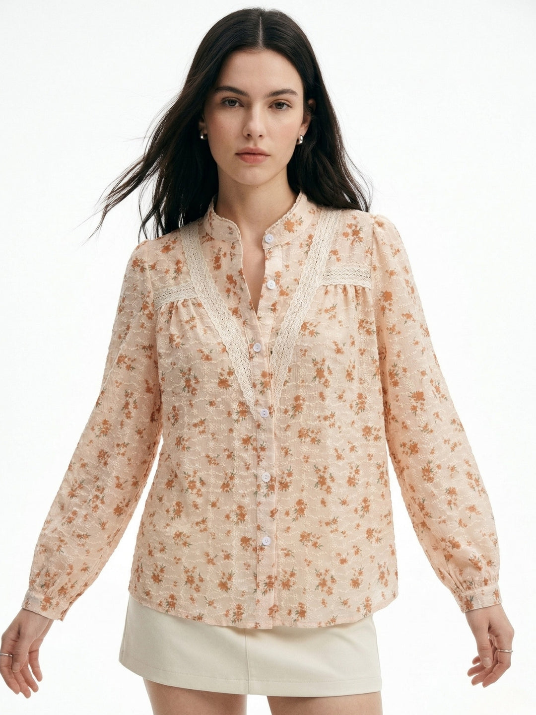 Beige Mandarin Neck Scalloped Neck Printed Blouse