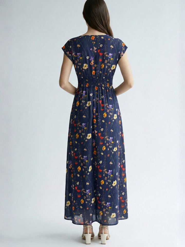 Blue Short Sleeve V Neck Floral Dress