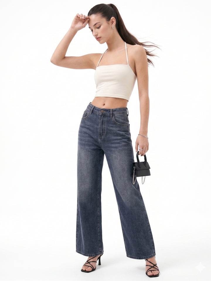 Navy Blue High Waist Wide Leg Jeans