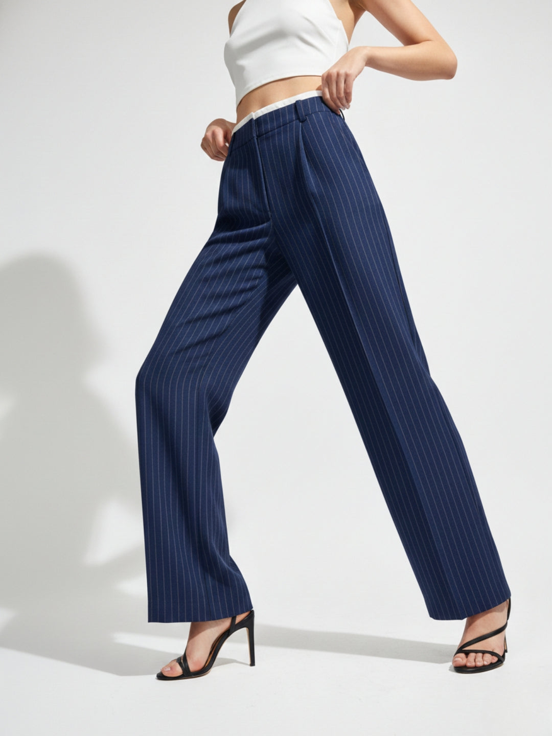 Navy Blue Contrast Waist Striped Wide Leg Pant