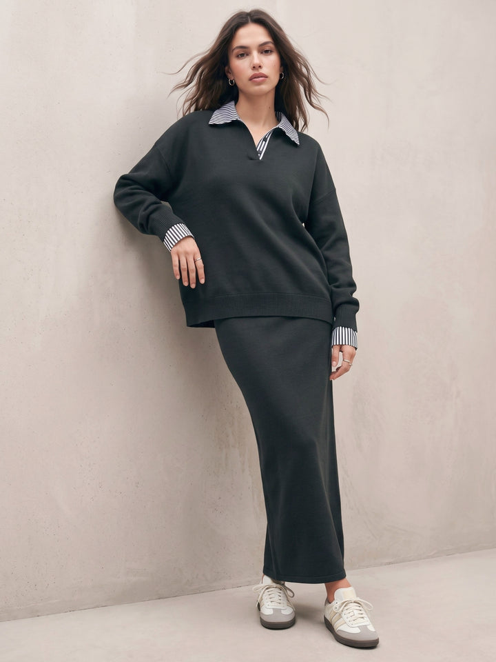 Teal Full Sleeve Pullover And Skirt Set