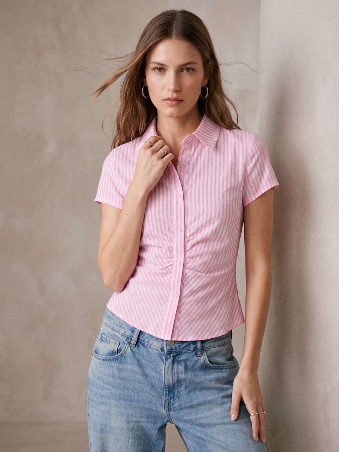 Pink Fitted Button Down Striped Shirt