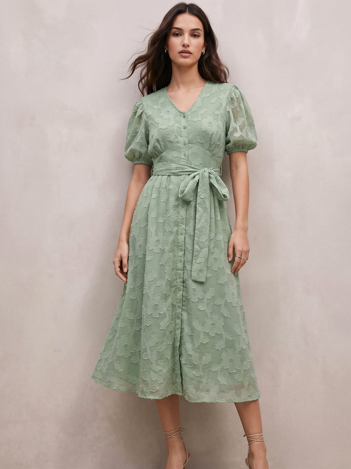 Green Midi Length A Line Dress In Jacquard Fabric