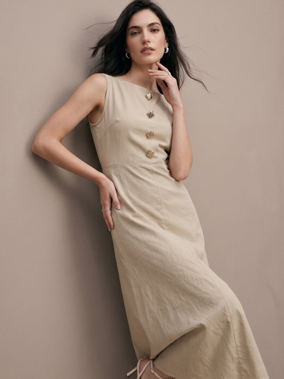 Beige Button Down Detail Flowy Dress