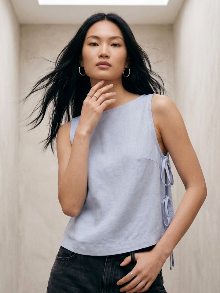 Blue High Neck Flowy Top With Side Tie Up