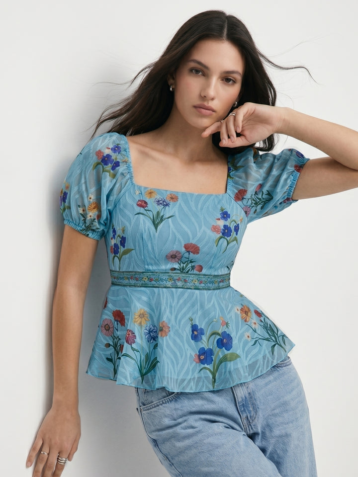 Blue Puff Sleeve Flared Top
