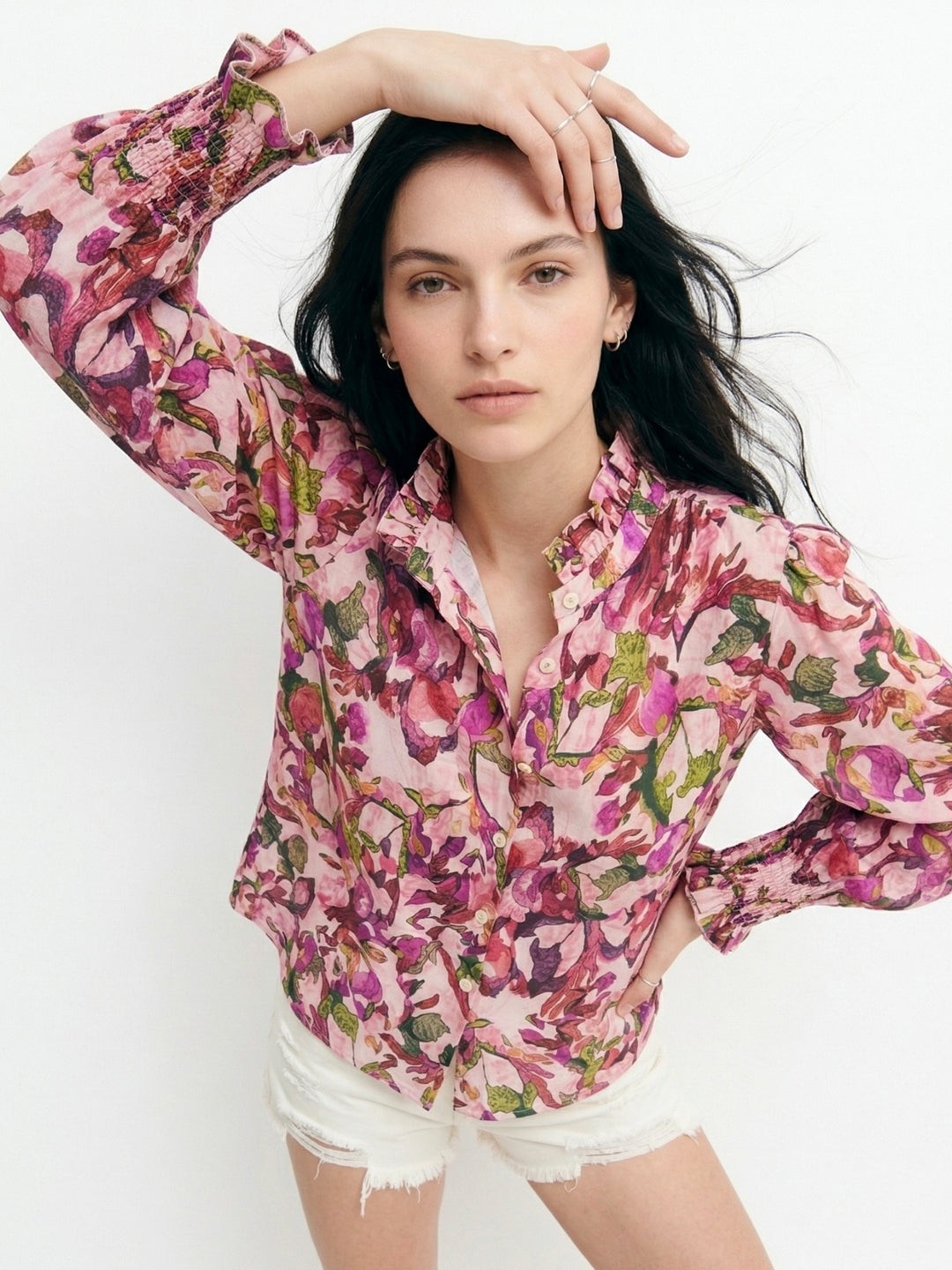 Pink Mandarin Ruffled Neck Printed Top