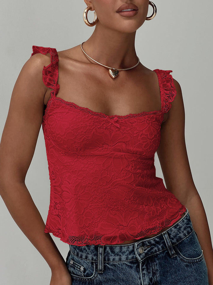 Red Ruffle Strap Textured Fitted Tank