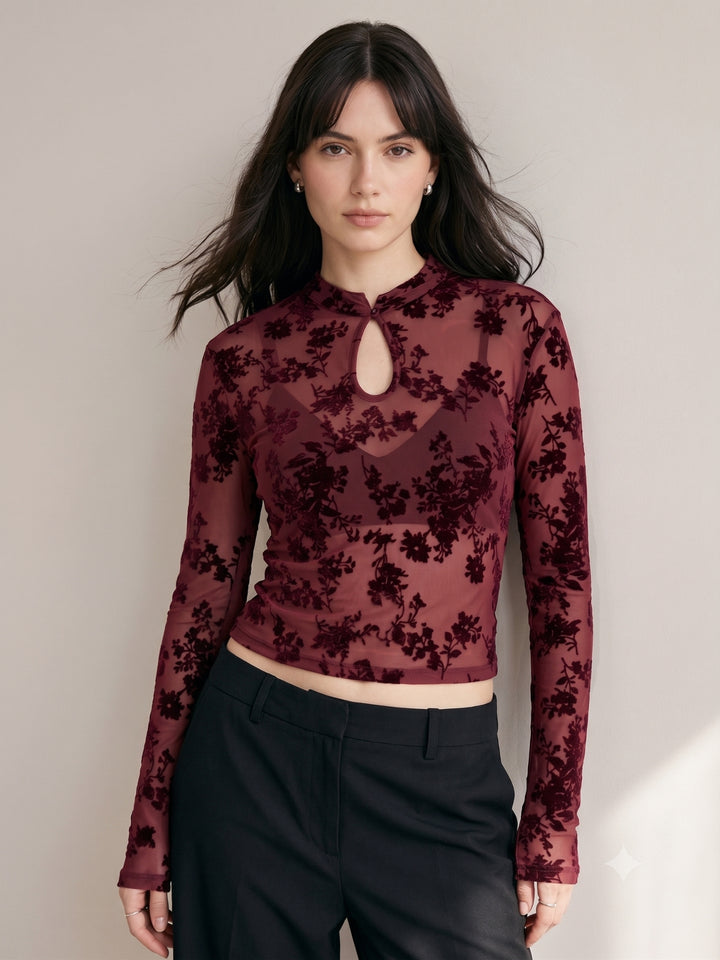 Maroon Lace Detail Key Hole Top
