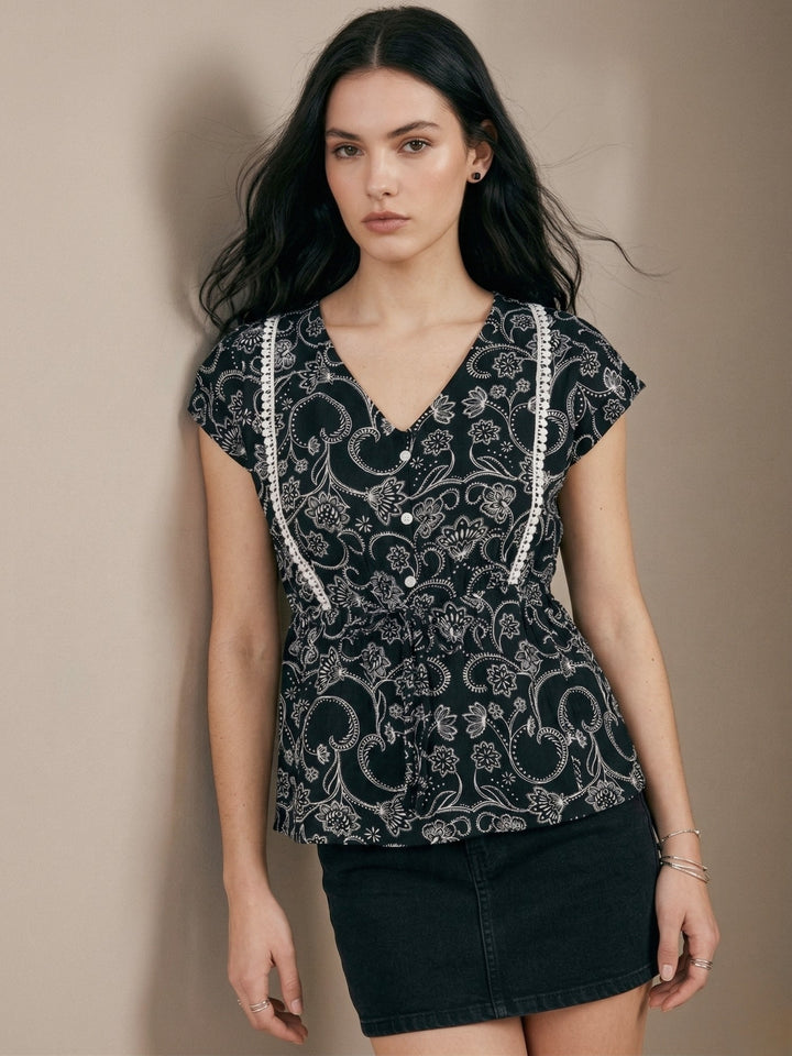 Black Floral Print Top