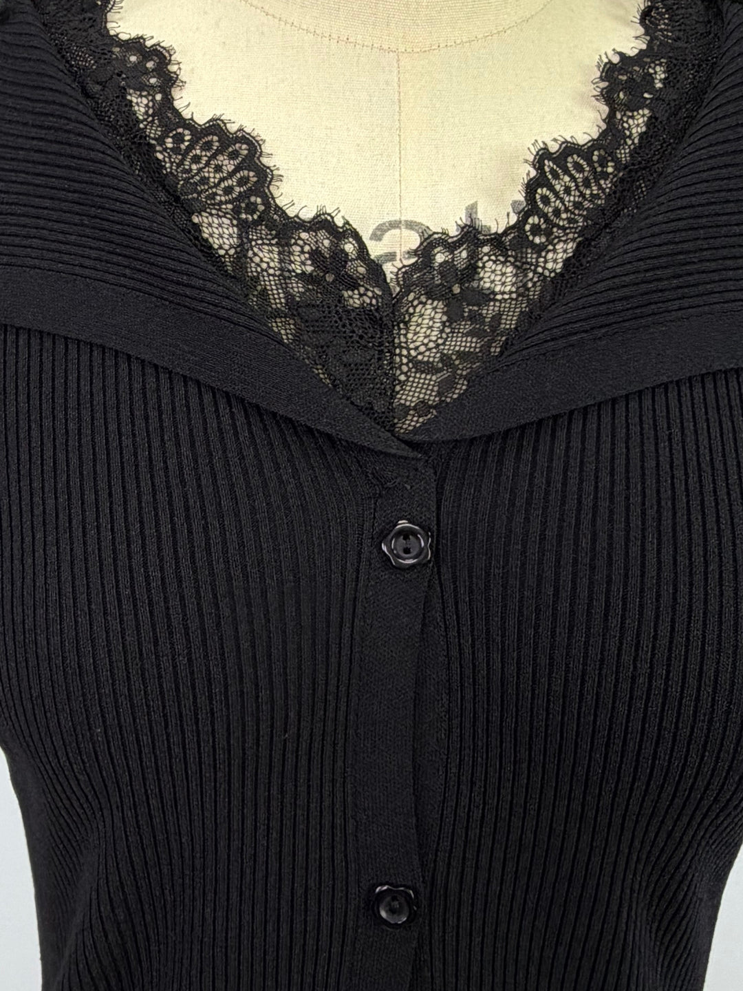 Black Collared V Notch Top With Lace Inserts