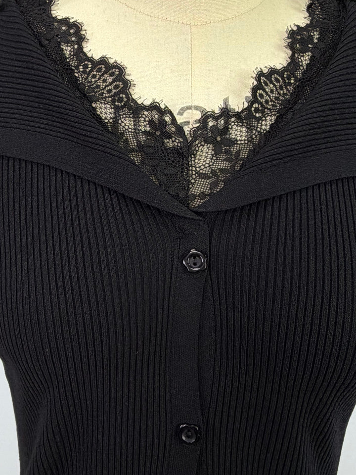 Black Collared V Notch Top With Lace Inserts
