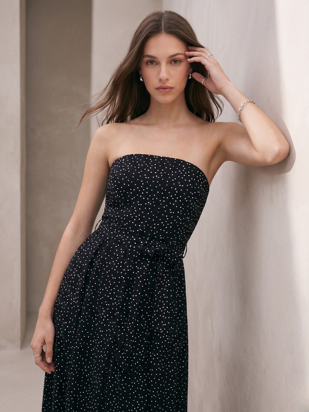 Black Polka Dot Flared Dress With Fitted Bodice