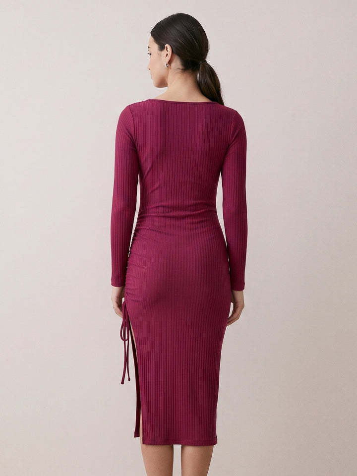 Wine Full Sleeve Side Ruched Dress