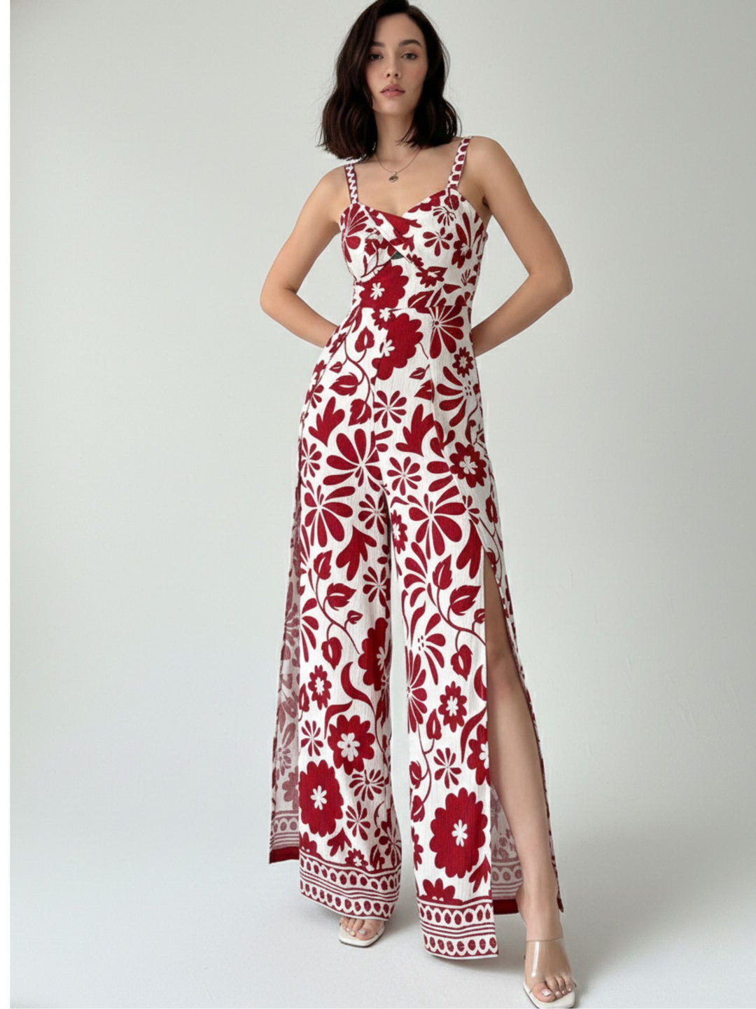 Red Shoulder Strap Side Slit Jumpsuit