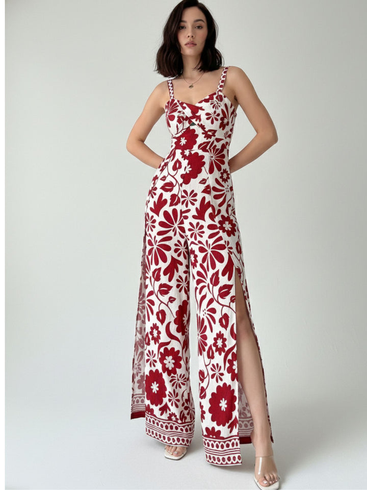 Red Shoulder Strap Side Slit Jumpsuit