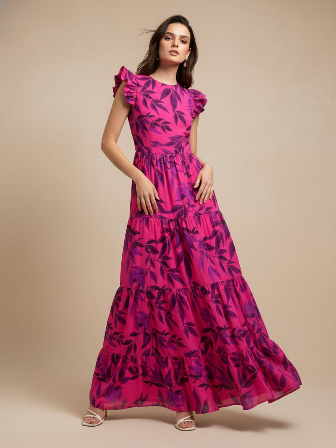 Purple Printed Tiered Flared Maxi Dress