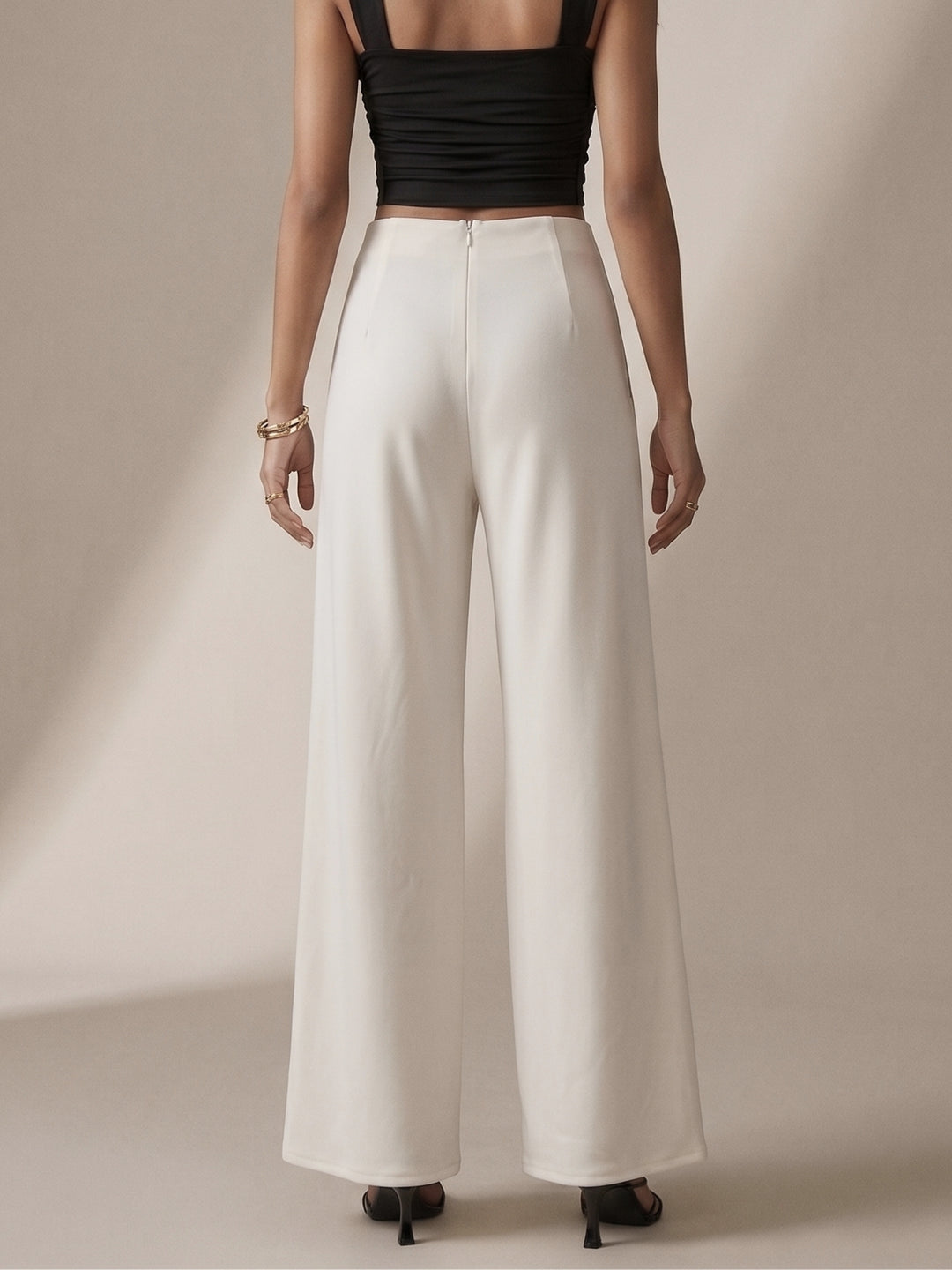 White Contrast Trim Wide Leg Trousers