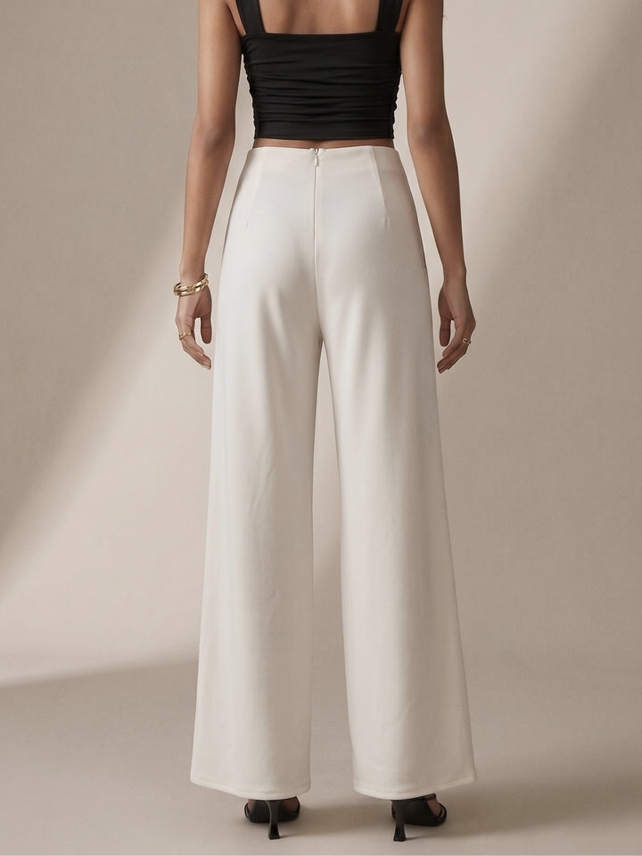 White Contrast Trim Wide Leg Trousers