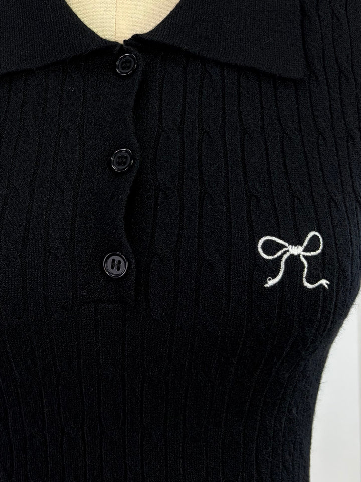 Black Cable Textured Polo Top With Bow Embroidery